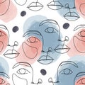 Female face on watercolor abstract geo shapes background. Abstract young woman seamless pattern in simple minimal line art style