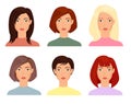 Female faces flat vector illustrations set. Blonde, brunet women with short and long trendy haircuts cartoon characters Royalty Free Stock Photo