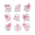 Female faces icons, Informal girls Feminism. Unique hand drawn style, Women`s faces, Vector illustration Royalty Free Stock Photo