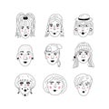 Female faces icons, Informal girls, Punk rock women Feminists. Cute Funny hand-drawn characters, Women`s faces, Vector Royalty Free Stock Photo