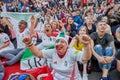 Female fan from Iran emotionally reacts to soccer match, Russia.