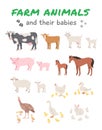 Female farm animals with offspring flat cartoon illustration isolated on white