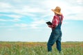 Female farmer agronomist using digital tablet computer in young green corn field Royalty Free Stock Photo