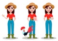 Female farmer cartoon character, set of three poses.