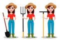 Female farmer cartoon character, set of three poses