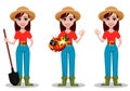 Female farmer cartoon character, set of three poses.