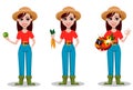 Female farmer cartoon character, set of three poses.