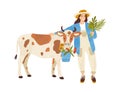 Female farmer character standing near cow. Woman feeding farm animal. Cute rural scene with shepherdess hugging adorable