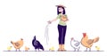 Female farmer feeding chickens flat vector character. Poultry backyard farm cartoon concept with outline. Hens, rooster