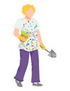 Female farmer gardener hobby, character hold garden stuff shovel, home flower pot with plant cartoon vector illustration Royalty Free Stock Photo
