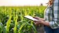 Female farmer hand using tablet in corn field with to keep digital tax record. generative ai