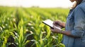 Female farmer hand using tablet in corn field with to keep digital tax record. generative ai