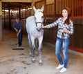 Farmer standing with horse, man cleaning floor at stabling