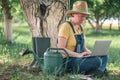 Female farmer using laptop computer in walnut orchard, innovative technology in organic farming Royalty Free Stock Photo