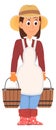 Female farmer with wooden buckets. Woman gardener character