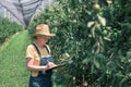 Female farmer writing production notes in apple fruit orchard