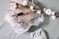 Female fashion background with lingerie, lipstick and flowers. Flat lay, top view. Beauty concept for blog, social media, magazine Royalty Free Stock Photo