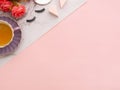 Makeup tools, cosmetics, perfume, creams bottles on pink Royalty Free Stock Photo