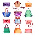 Female fashion elegant bags and purse icons and design elements set. Vector cartoon illustration