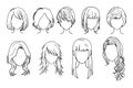 Female fashion hairstyles Collections. Black color. Hand drawn vector line art illustrations isolated on white background. EPS 10 Royalty Free Stock Photo