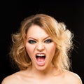 Female fashion makeup. Screaming girl portrait. Angry woman. People emotion, negative feelings. Royalty Free Stock Photo