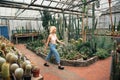 Female fashion model walking among tropical plants