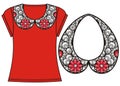 Female fashion print t-shirt, sweatshirt for silver glamor rich necklace with red precious crystals, shine brilliant stones.