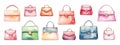 Female fashion purse. Watercolor handbags icons, isolated purses and bags set. Stylish women accessories, vector Royalty Free Stock Photo