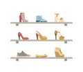 Female Fashionable Footwear on Shelves, Shoes Store Interior Vector Illustration