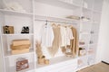 Female Fashionable Stylish Wardrobe. A Large White Built-in Wardrobe Stocked With Women's Clothing, Shoes and Royalty Free Stock Photo