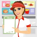 Female fast food restaurant employee holding a menu