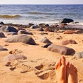 Female feet on beach, instagram frame