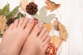 Female feet with beige nail polish. Woman legs with beige nail design on wooden background with fallen leaves