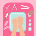 Female feet in blue water bowl, top view. Spa procedures, beauty salon, pedicure. Pedicure tools. Vector illustration