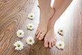 Female feet on the dark floorboard Royalty Free Stock Photo