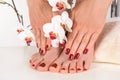 Dark Red Manicure and Pedicure with Orchid Flower