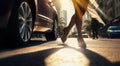 Female feet high heels running on sunny city street among cars and people silhouettes, Beautiful woman high heels on street.