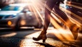 Female feet high heels running on sunny city street among cars and people silhouettes