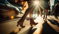 Female feet high heels running on sunny city street among cars and people silhouettes