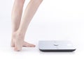 Female Feet and Legs Standing Near Weighing Scale Royalty Free Stock Photo