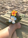 Female feet on the sand sith a Hawaiian, flower band