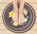 Female feet at spa pedicure procedure.