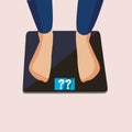 Female feet stand on the weight scale. Girl is weighed. The body on scales. Ã¢â¬â¹Flat vector illustration.