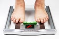 Female feet standing on electronic scales for weight control on white background. The concept of slimming and weight loss Royalty Free Stock Photo