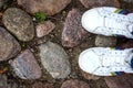 Female feet Top view Girl in white sneakers is standing on paving stones P