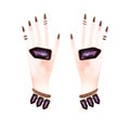 Female feminine hands with black manicure, ring and bracelet with violet crystals. Pale natural skin on fingers and