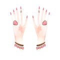 Female feminine hands with pink manicure, ring and bracelet with pink crystals. Pale natural skin on fingers and palms. Clipart.