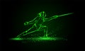 Female fencer in an attacking pose. Vector fencing sport green neon illustration.