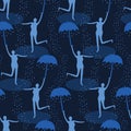 Female figure holding open umbrella. Singing in the rain seamless pattern. Woman leaping water puddle. Concept of happiness