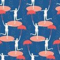 Female figure holding open umbrella. Singing in the rain seamless pattern. Woman leaping in water puddle. Concept of